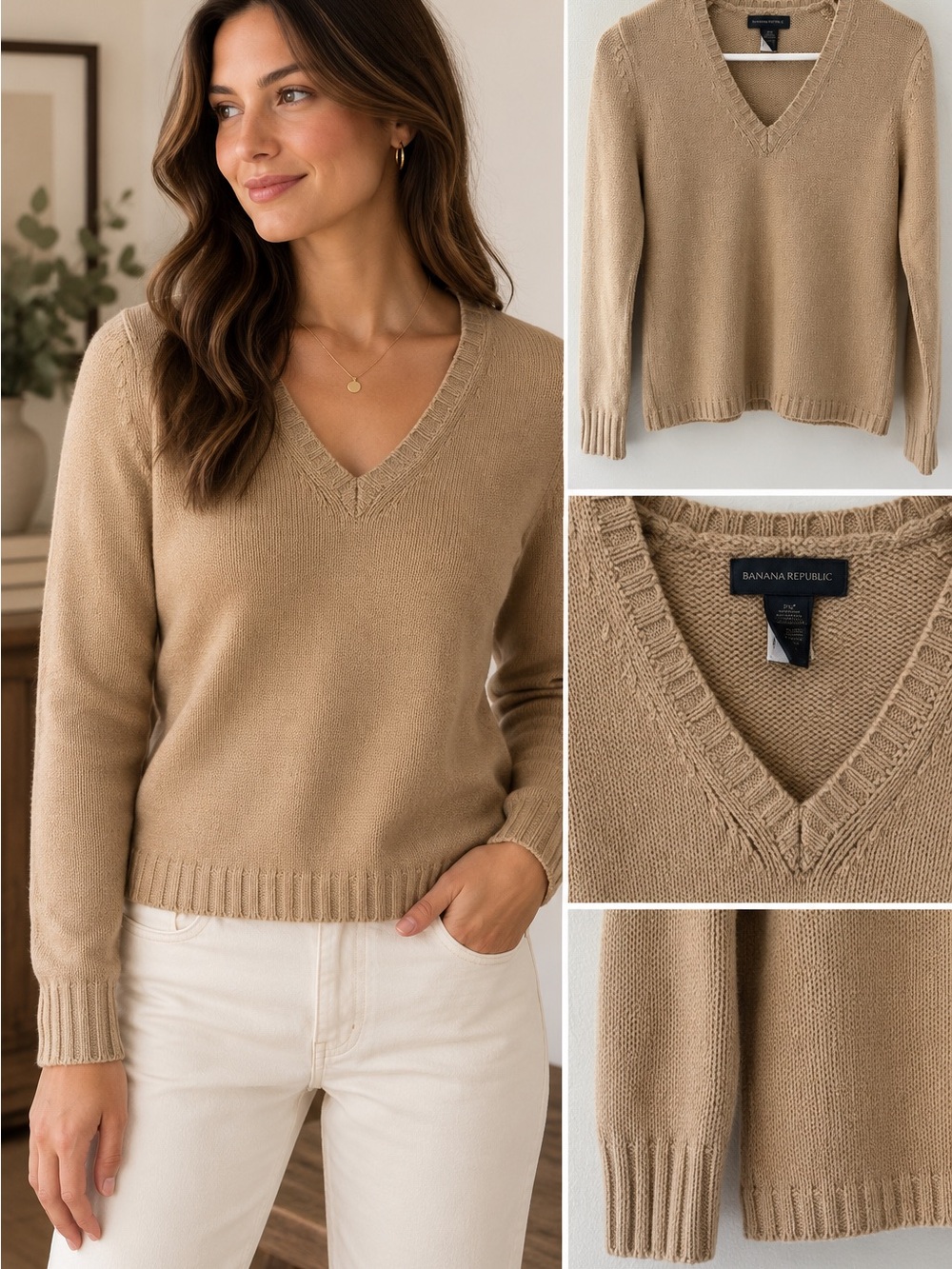 Banana Republic Tan Merino Wool V Neck Sweater Size Small Classic Preppy